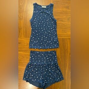 Barefoot Dreams Malibu Collection Pajama Shorts Set XS Navy Light Pink Hearts